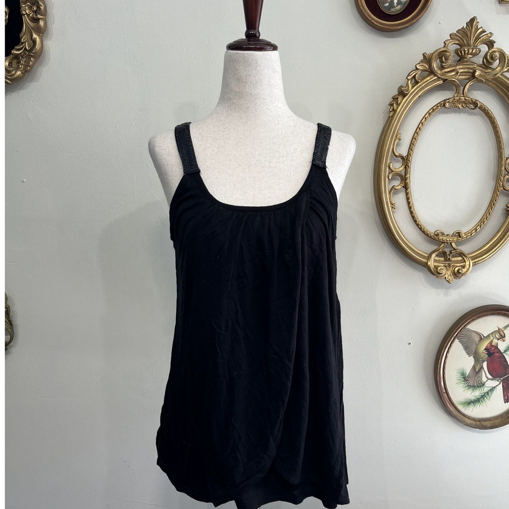 ELLE Black Tank Top Embellished Straps Scoop Neck Size Small